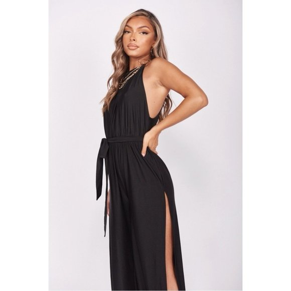 Black Sleeveless Side Slit Loose Fit Belted Jumpsuit Playsuit - Picture 2 of 11